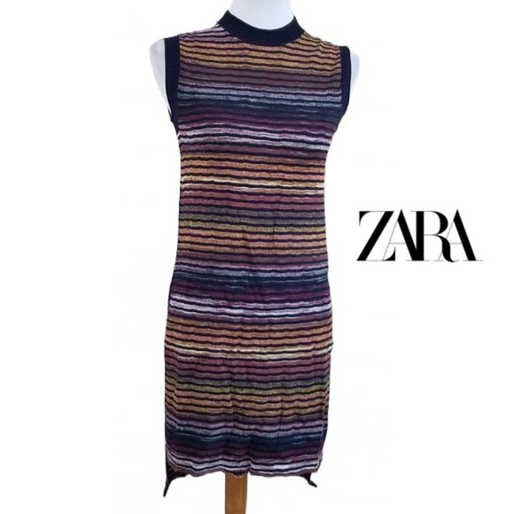 NWT ZARA KNIT COLLECTION Women M Striped Knit Mini Dress Tunic Cover-up Boho TOP - Picture 2 of 12